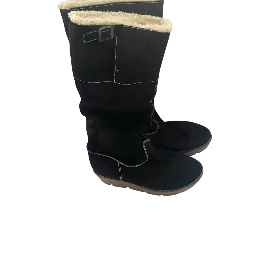 Kors Michael Kors Black Suede Shearling Lined Tall Wedge Boots Made in Italy